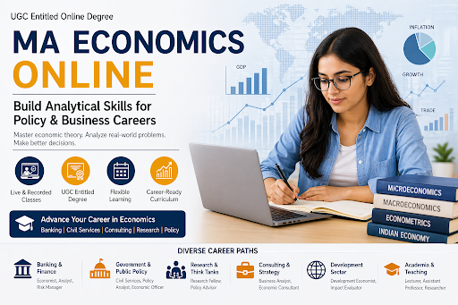Online MA Economics course students learning analytics and policy concepts with data charts and financial graphs